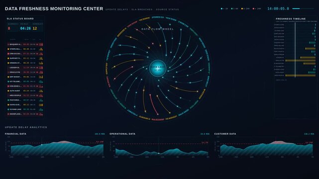 A dynamic data freshness monitoring center animation showcasing update delays, SLA breaches, and source status with vibrant colors and interactive visual elements in 4K resolution.