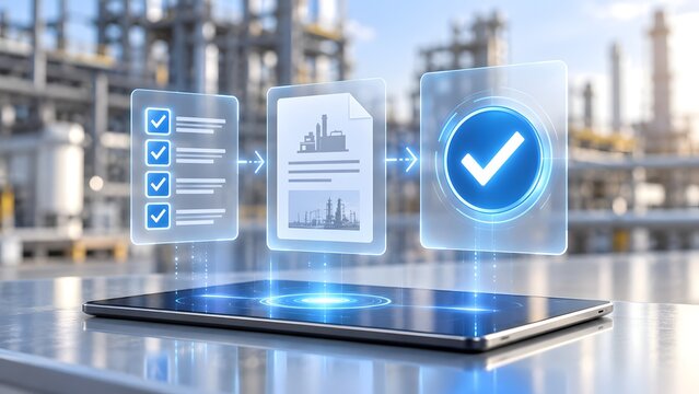 Digital Industrial Automation and Quality Control Concept Featuring Augmented Reality Holographic Checklist and Document Verification Interface on Tablet with Blurry Factory Background
