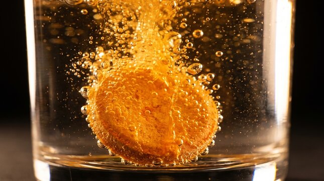 Effervescent Tablet Dissolving in Water Creating Bubbles and Fizzing Chemical Reaction for Health Supplement or Medication Concept