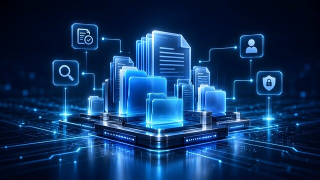 Futuristic digital document management system and data archive with glowing blue folders and security icons on a high-tech circuit background for cloud computing and big data storage concepts.