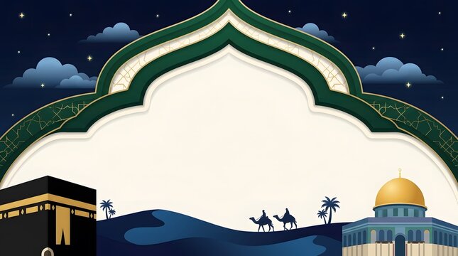 Wide horizontal Isra Mi'raj banner featuring green Islamic arch frame, desert night landscape with Kaaba, dome, and camels.