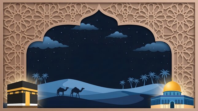 Horizontal Islamic banner for Isra Mi'raj celebration with carved wooden frame, desert dunes, camels, Kaaba, and dome at night.