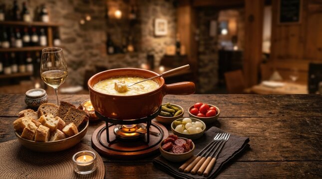 A warm and inviting scene showcases a bubbling fondue pot on a rustic wooden table.