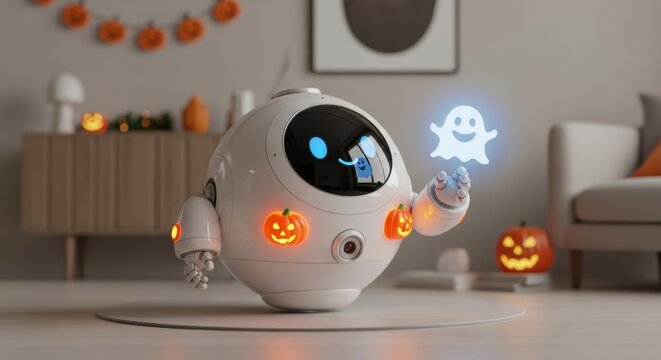 A futuristic white robot with glowing pumpkin faces and a floating ghost in a cozy Halloween living room decorated with pumpkins and festive lights