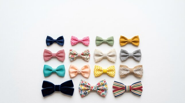 A collection of colorful bow ties is arranged on a white surface. The bow ties display a variety of patterns and colors, including stripes, polka dots, floral prints, and solid hues.
