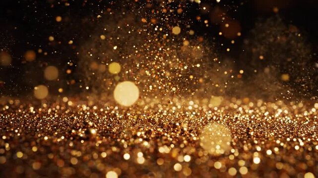 Golden glitter bokeh glowing in warm festive light creating a magical holiday background atmosphere