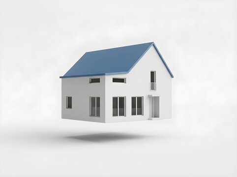 Small white model house with blue roof floating in air miniature house real estate housing market property investment home ownership architectural model residential design dream home