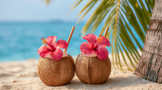 Two tropical coconut cocktails adorned with vibrant red hibiscus flowers on sandy beach perfect for summer vacation ads.