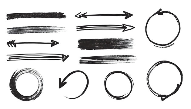 Marker line brush arrow, underline, highlight scribble set. Marker pen line brush hand drawn arrow stroke sketch element shape graphic vector. Doodle underline circle frame icons.
