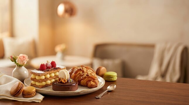 A warmly lit still life showcases a selection of delectable pastries on a wooden table.