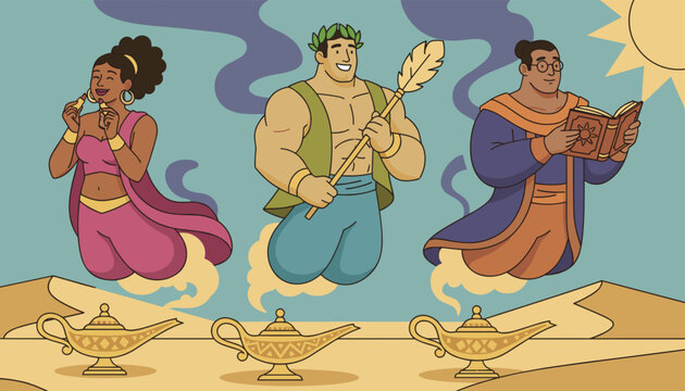 Three diverse magical genies emerging from golden lamps in the sandy desert under a bright yellow sun sky background.