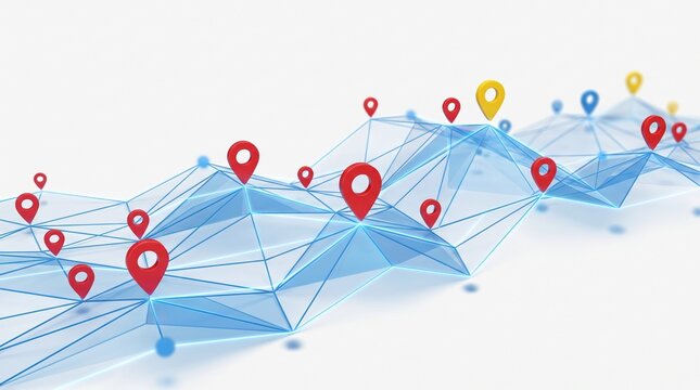Global Connectivity Network Map With Red Location Pins on Blue Poly Wave Surface