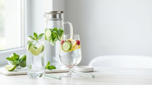 A glass pitcher filled with sparkling water and garnished with fresh mint and cucumber slices sits on a light-colored table.