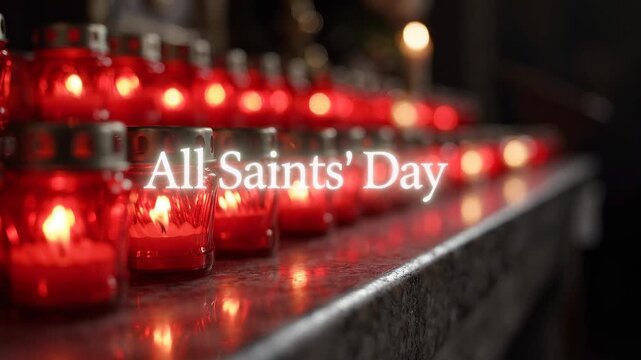 A row of glowing red votive candles lit in a dark church, commemorating All Saints' Day, creating a solemn and reflective atmosphere.