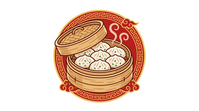Steamed chinese dim sum in bamboo basket vector illustration