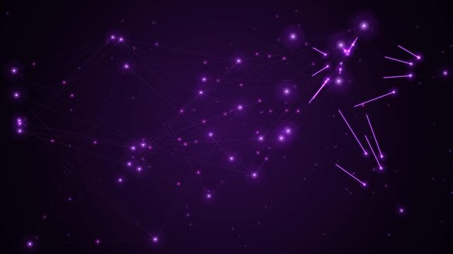 A static wide shot captures glowing purple light points and directional streaks forming a network across a dark cosmos, illuminated by vibrant neon hues creating a mysterious scientific