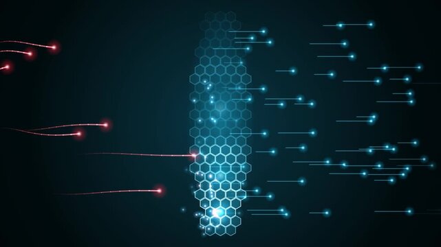 A static shot displays digital data particles moving through a glowing blue hexagonal grid structure in a dark cyber space, creating a sleek futuristic mood with cool cyan and red hues.