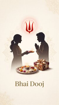 Bhai dooj greeting card illustration showing sibling silhouettes with ceremonial puja thali.