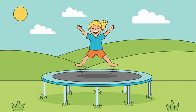 Joyful cartoon boy jumping high on a blue trampoline in a green meadow under a sunny sky with white clouds.