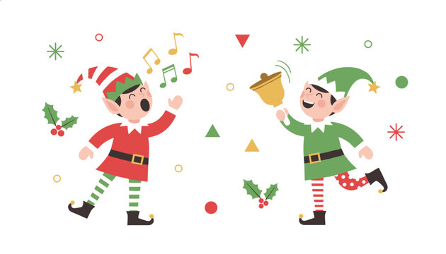 Festive Christmas elves celebrating with music as one sings carols and the other rings a golden holiday bell.