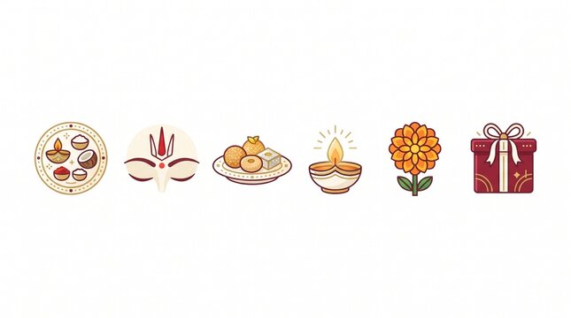 Set of minimalist vector festival icons including ritual puja plate sweets lamp and gift.