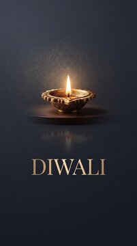 Elegant golden diya oil lamp glowing on dark background with mandala for Diwali celebration.