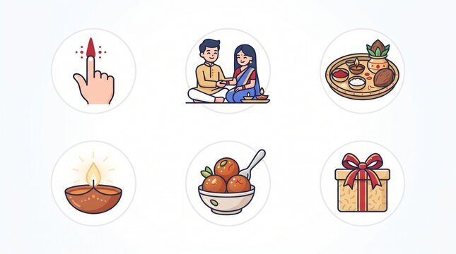 Bhai dooj flat vector icons circle set featuring tilak sister brother relation sweets and gift.