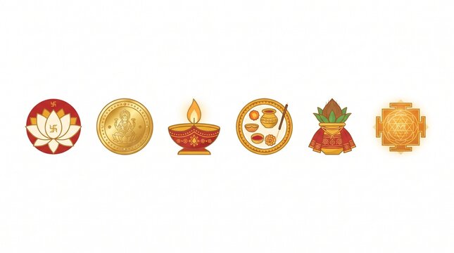 Traditional puja symbols with oil lamp and kalash arranged for holy Indian festival rituals.