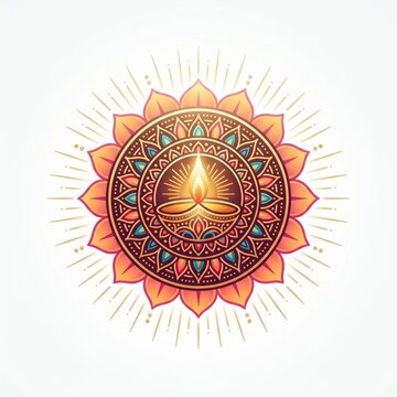 Colorful rangoli mandala design with central burning oil lamp diya for diwali card decoration.