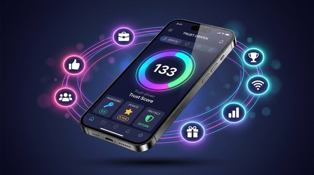 Mobile Gamification Concept: A sleek smartphone displays a vibrant interface with a gamified score, surrounded by colorful, glowing icons representing various achievements and digital elements.