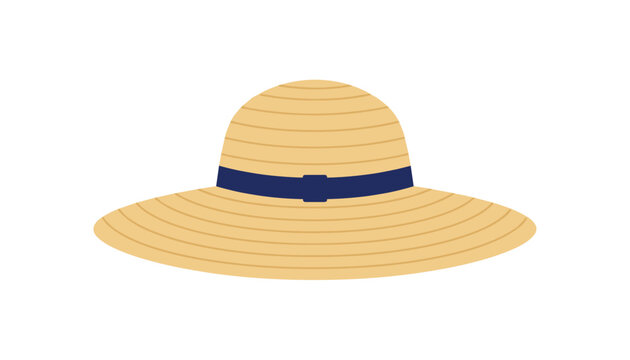 Classic wide brimmed straw beach sun hat with a dark blue ribbon, isolated on a clean white background.