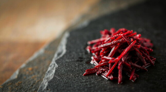 Freshly grated organic red beetroot on dark weathered slate tabletop slab