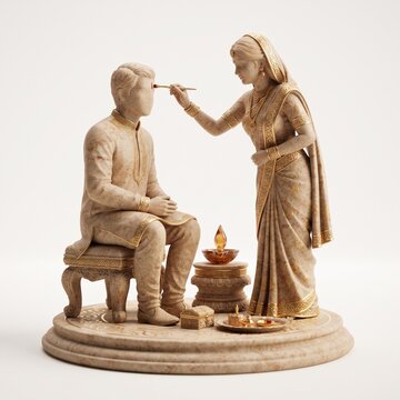 Stone sculpture of sister applying traditional tilak on her brother forehead for rakhi.