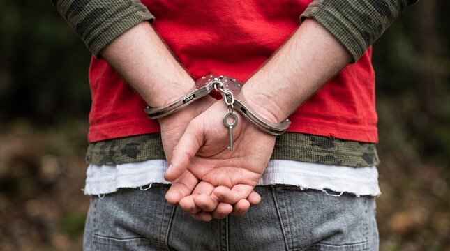 Person with hands handcuffed behind back outdoors