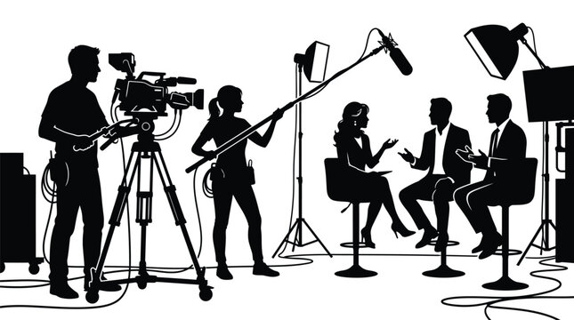 Black and white vector illustration of professional television crew recording interview in studio