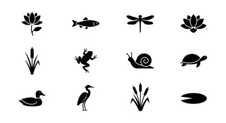 Fototapeta premium Pond Life Icons Set: Aquatic Animals, Plants, Insects, Vector Graphics