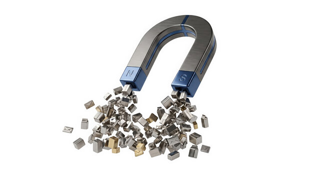 A horseshoe magnet attracting many small metal envelopes