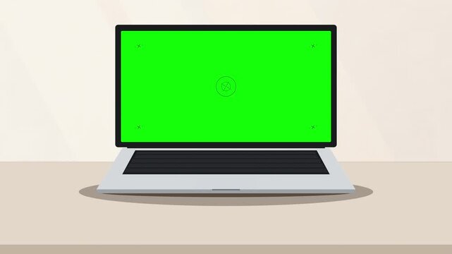 Laptop computer with green screen display, mock-up template, digital technology, web browsing, computer screen, isolated mockup, flat animation