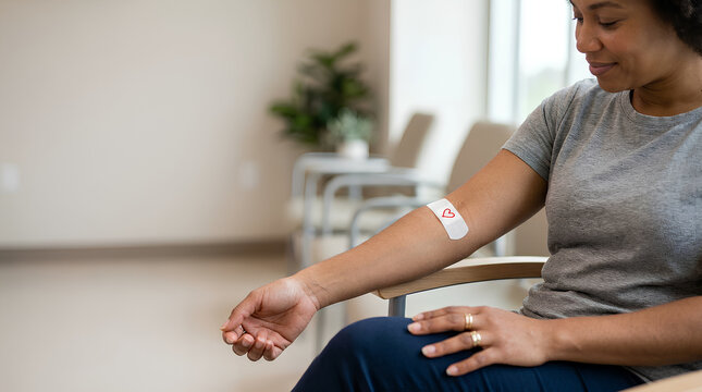 Human arm with a bandage displaying a small red heart symbol in a medical clinic setting for blood donation or health monitoring