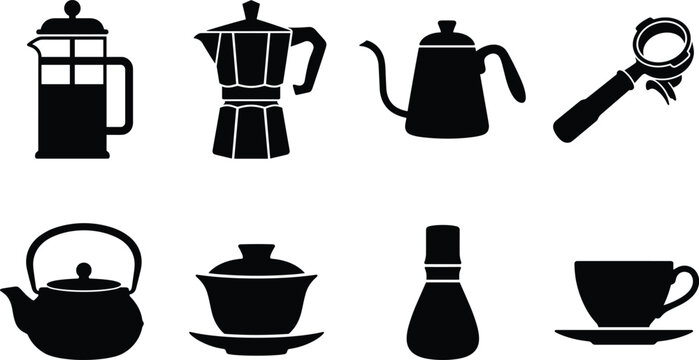 Coffee and tea brewing equipment black silhouette icon set featuring french press, moka pot, teapot, and espresso portafilter isolated on white background