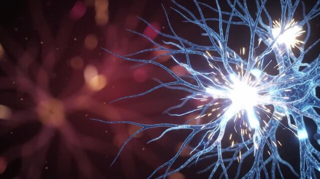 Neuroscience concept glowing neuron anatomy electric impulse brain cell communication neural network detailed visualization branching dendrites axons synapses digital illustration scientific