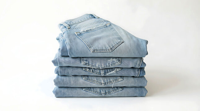 A neat stack of folded light blue denim jeans isolated on a clean white background