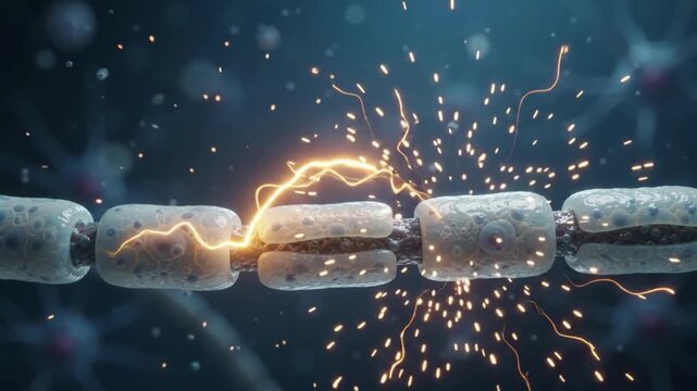 Neuroscience concept revealing neuron anatomy with electrical impulse sparks illustrating nerve cell signal transmission and detailed myelin sheath covering axon in microscopic neural network study