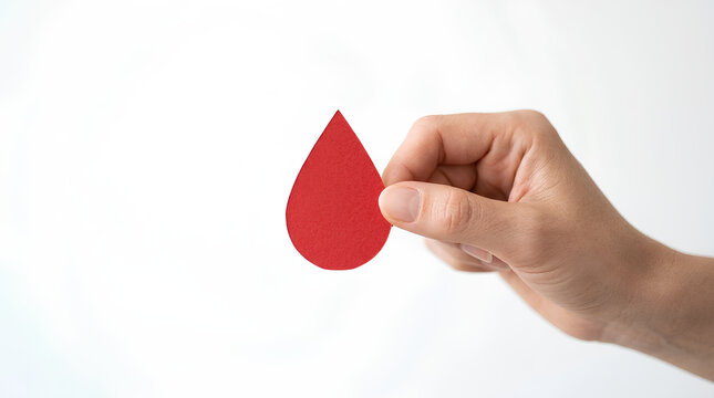 Hand holding a red blood drop shape symbolizing health and medical care on a plain background