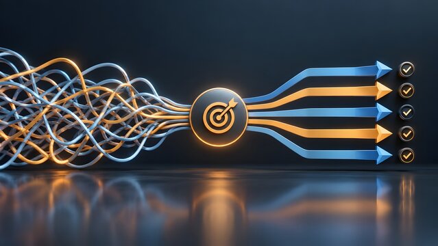 Abstract 3D illustration of business process optimization showing tangled complex wires transforming into organized straight arrows through a target icon for success and goal achievement.