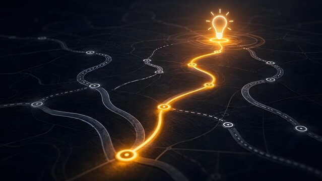 Conceptual visualization of a glowing orange path leading to a bright light bulb symbol on a dark network map, representing strategic business solutions, innovation, and the way to success.