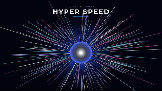 Futuristic hyper speed light streaks vector background, abstract glowing space travel hyperspace effect, colorful cosmic warp burst illustration