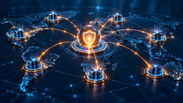 Conceptual global cybersecurity and data protection network illustrating secure cloud infrastructure and encrypted worldwide communication with server nodes on a digital world map.