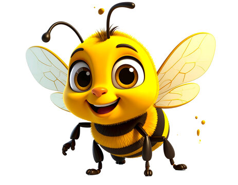 3D fun bee character, cartoon style, isolated on transparent background