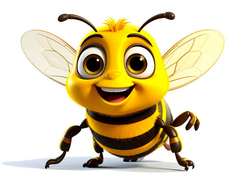 Fun 3D cartoon bee character, charming design, transparent background, isolated
